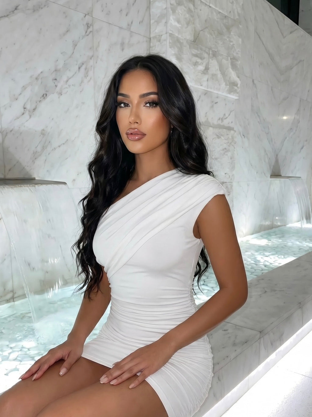 Slanted Shoulder Short Dress