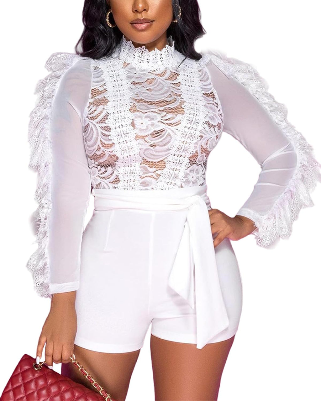 Sexy Lace Jumpsuit for Women Bodycon Long Sleeve Ruffle Mesh See Short Club Party One Piece Rompers Bodysuit
