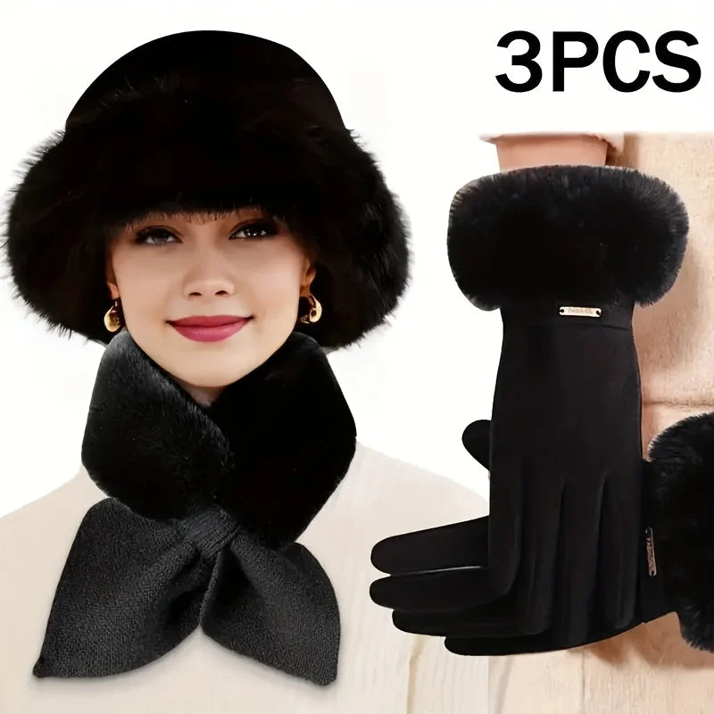 3-piece Women's Winter Warm Gloves, Scarf, and Hat,