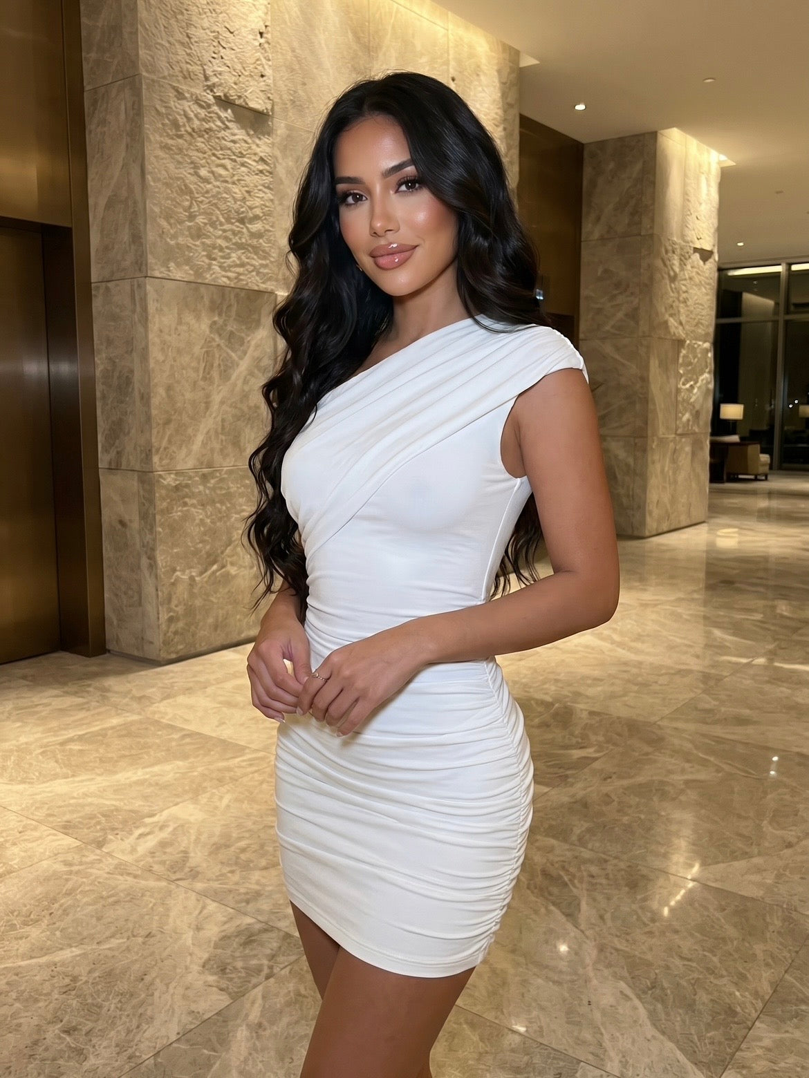 Slanted Shoulder Short Dress