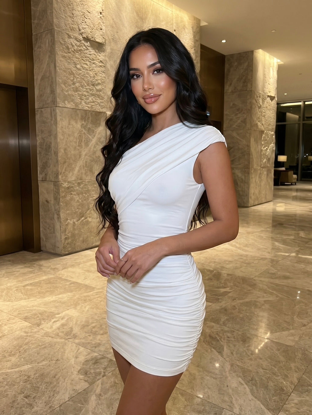 Slanted Shoulder Short Dress