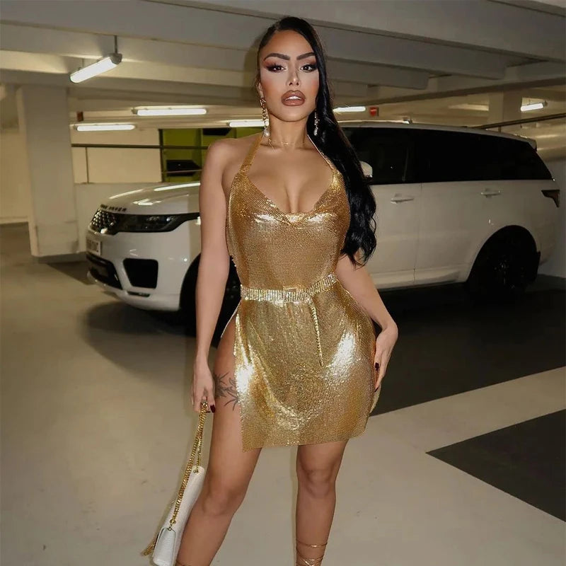 Bling Dress With Side Slit And Backless