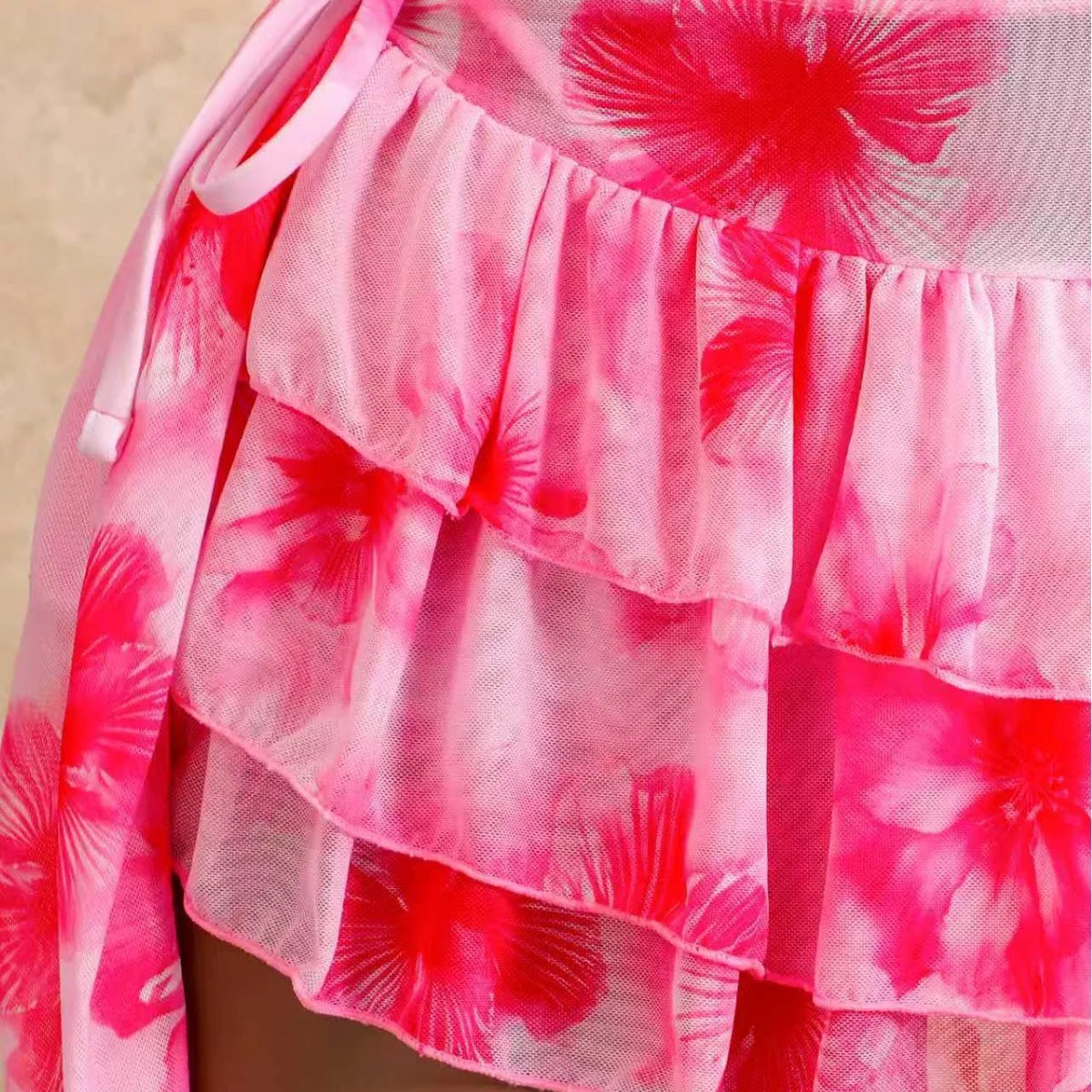 Gorgeous Pink Flower 3 Piece Bikini Set