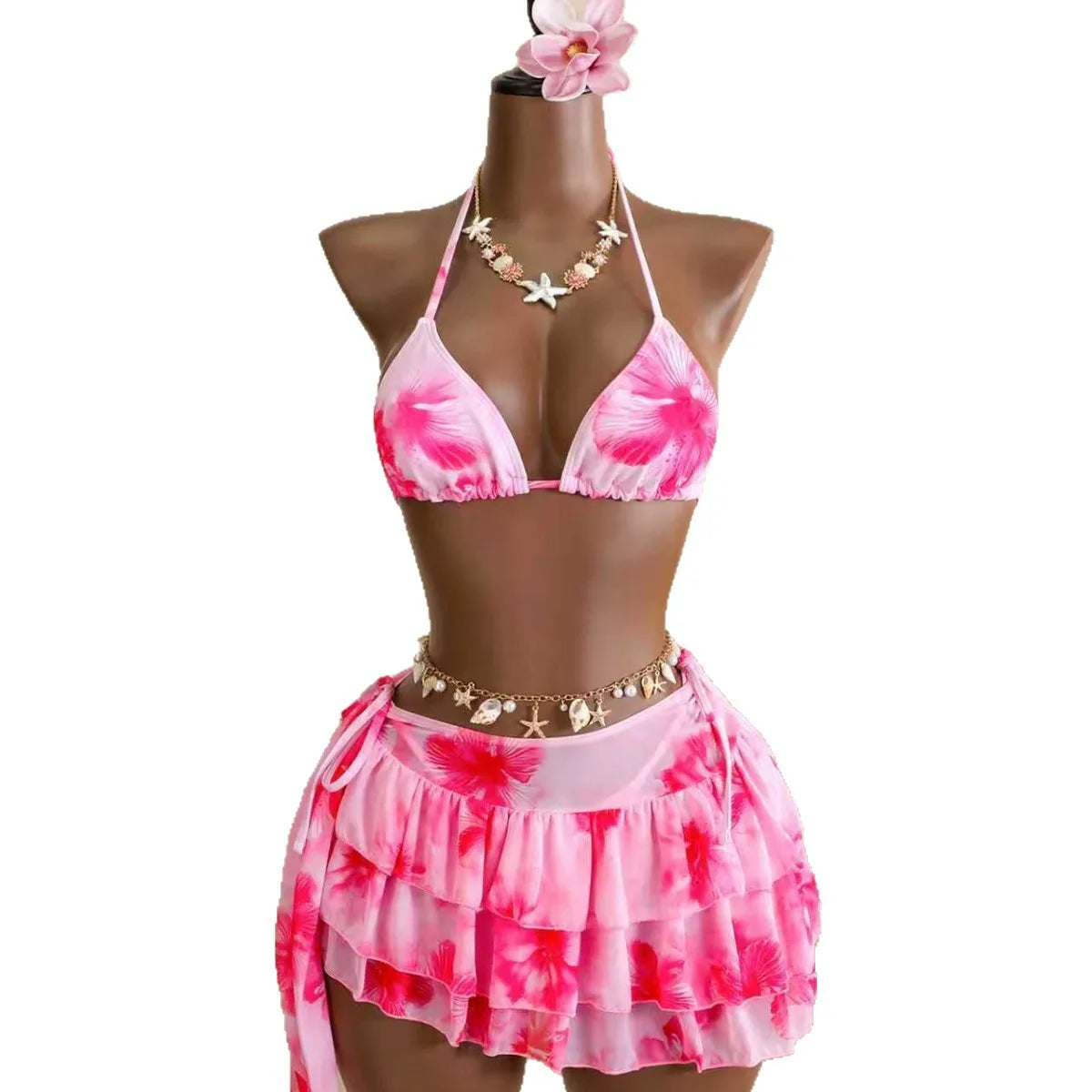 Gorgeous Pink Flower 3 Piece Bikini Set