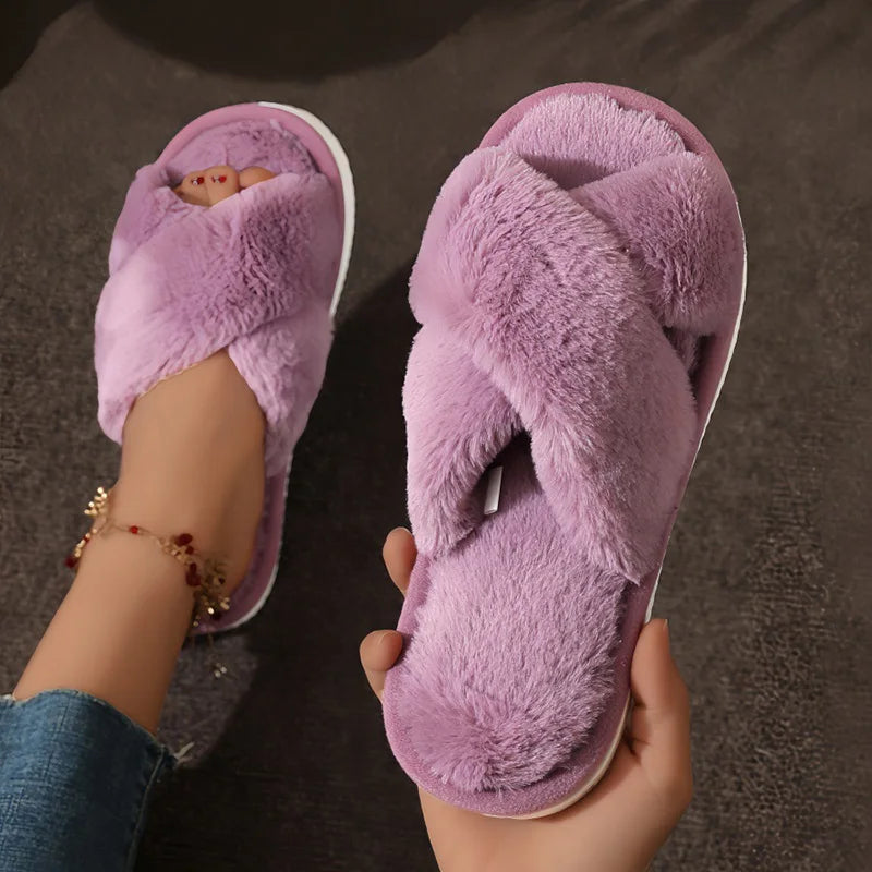 Cute Cross Strap Fur Slippers