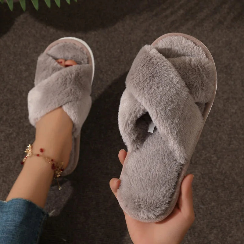 Cute Cross Strap Fur Slippers
