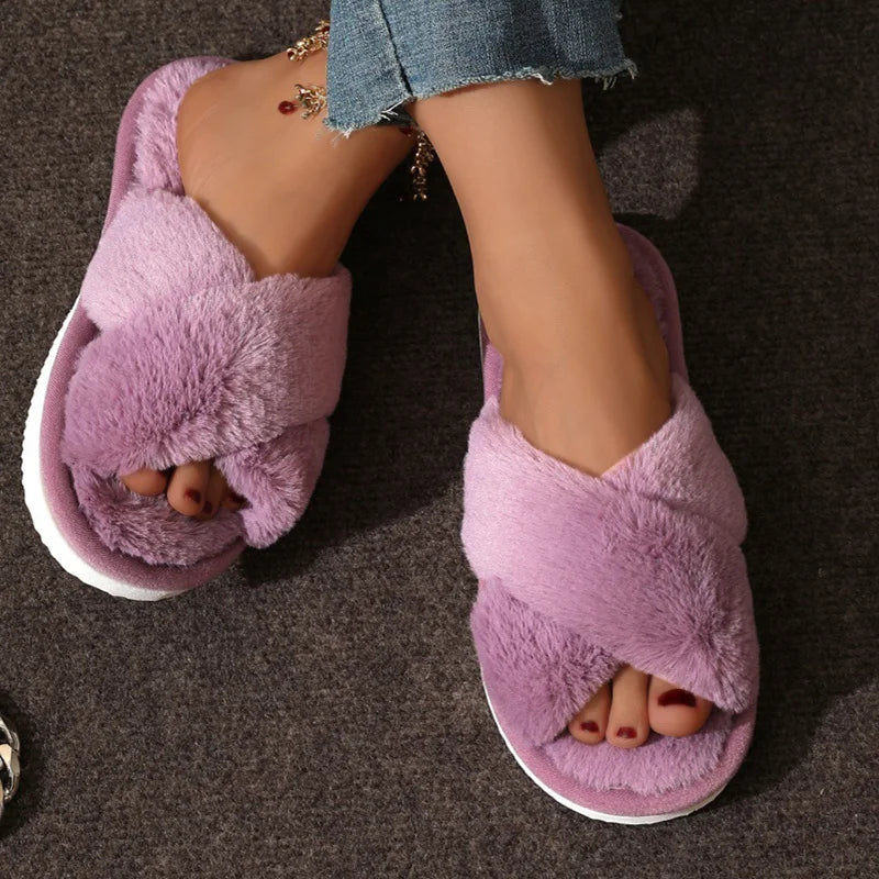 Cute Cross Strap Fur Slippers