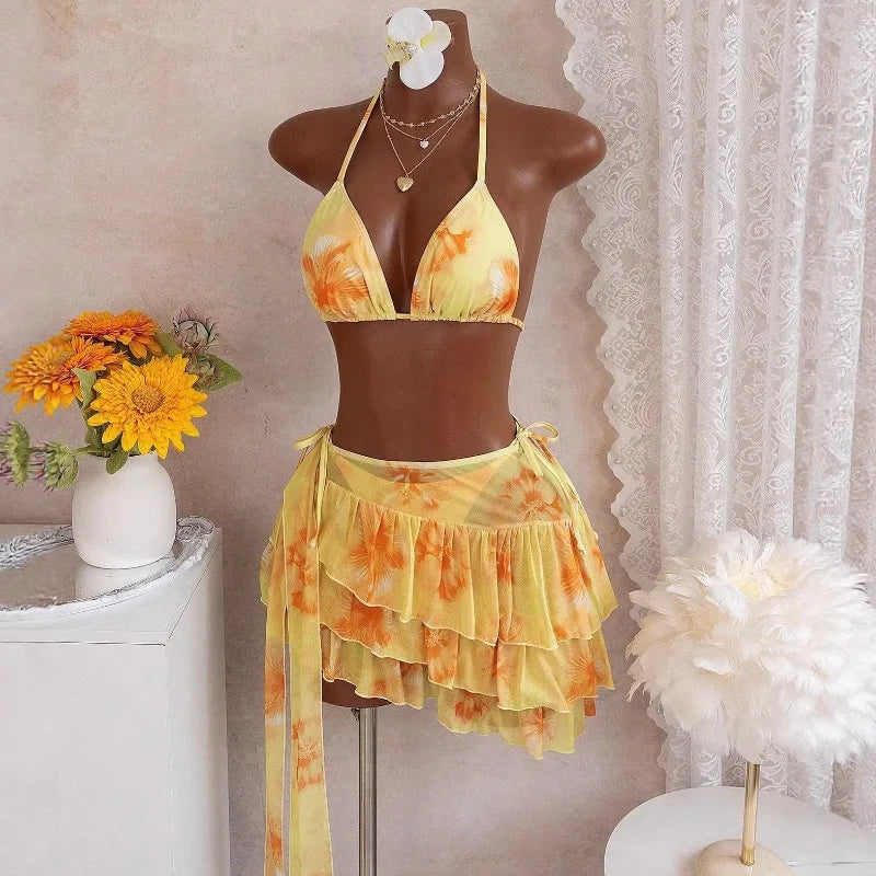 Gorgeous Bikini Set With Ruffle Skirt (Three Piece Sets)