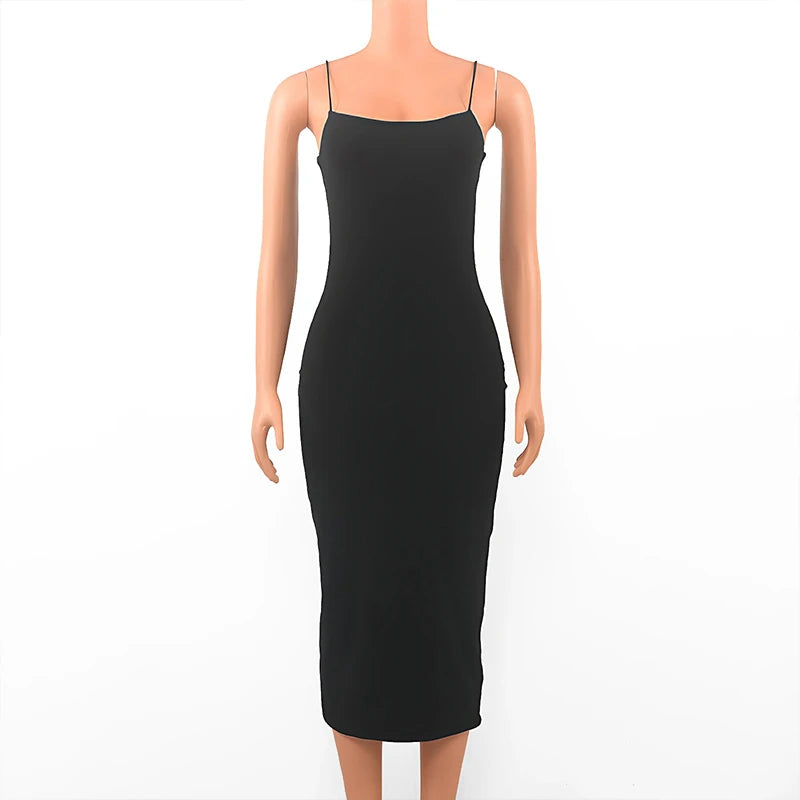 Long Solid Strap Dress Sexy
