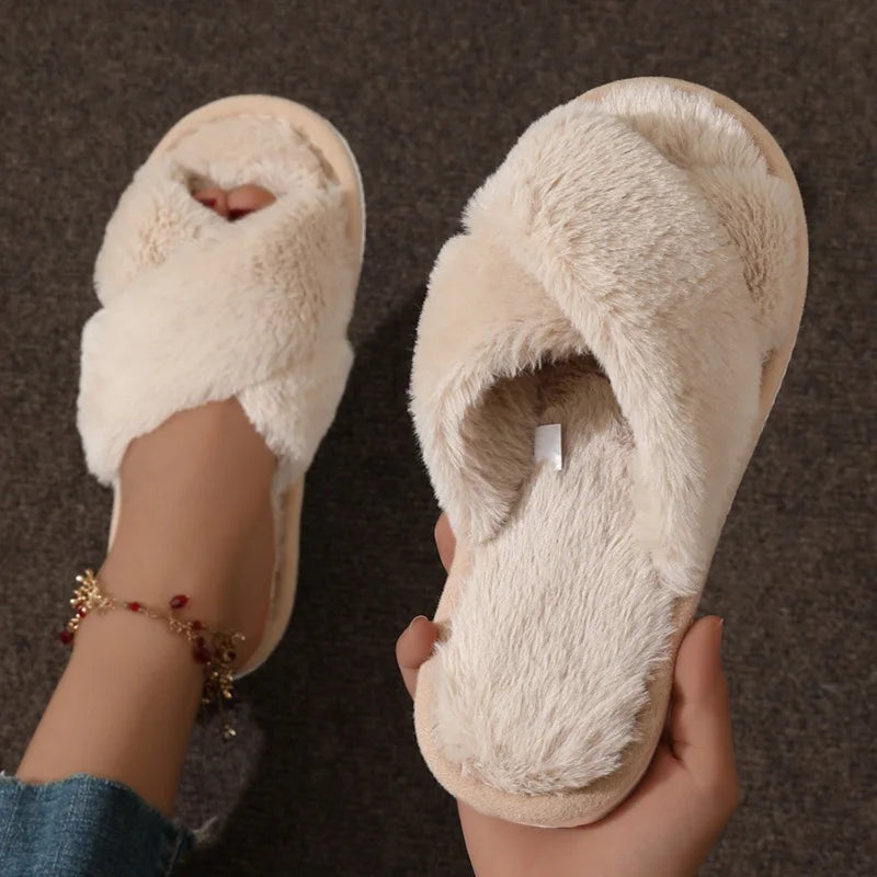 Cute Cross Strap Fur Slippers
