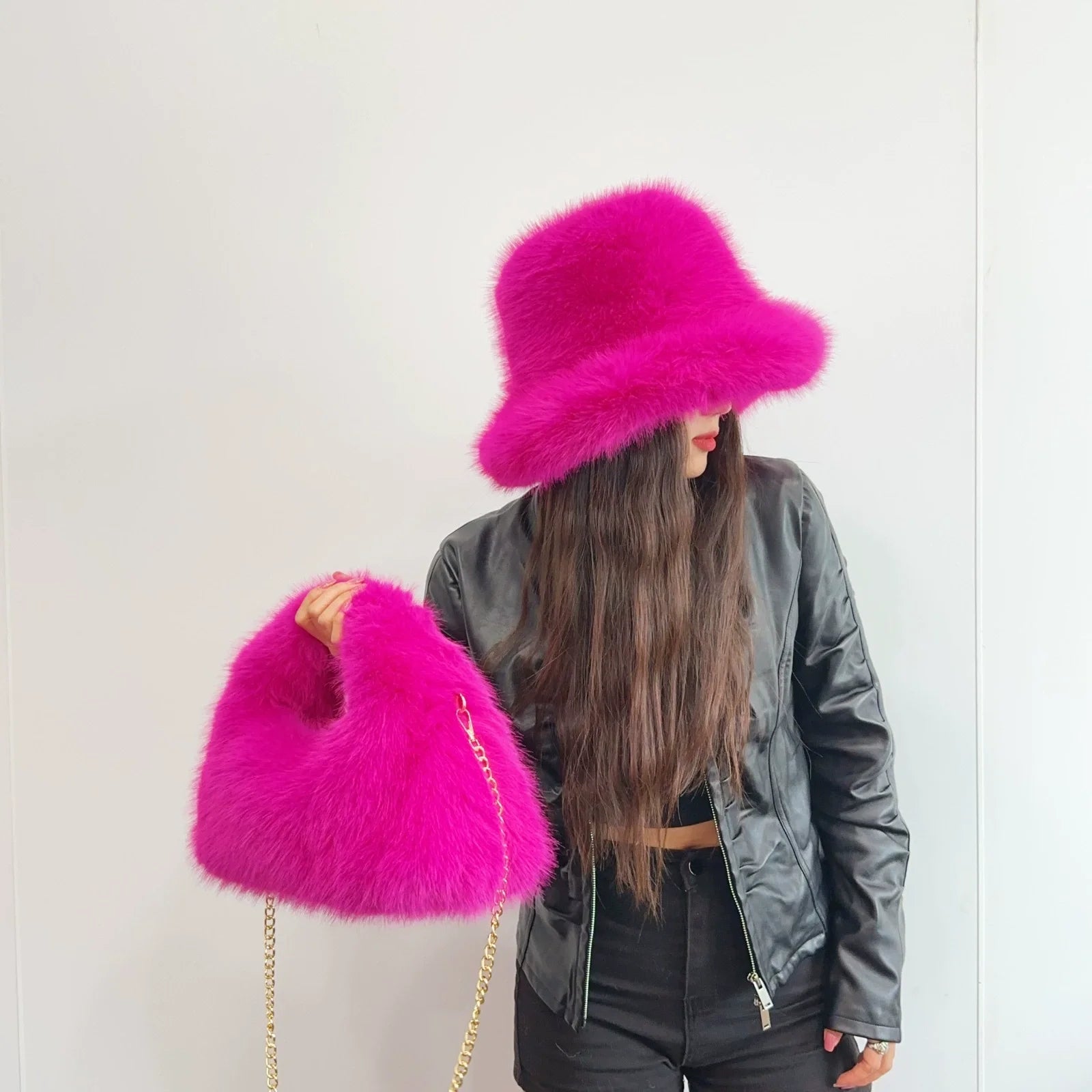 Fur Bucket Hat with two-piece set bag option