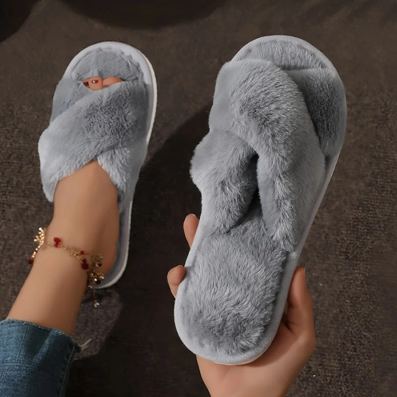Cute Cross Strap Fur Slippers
