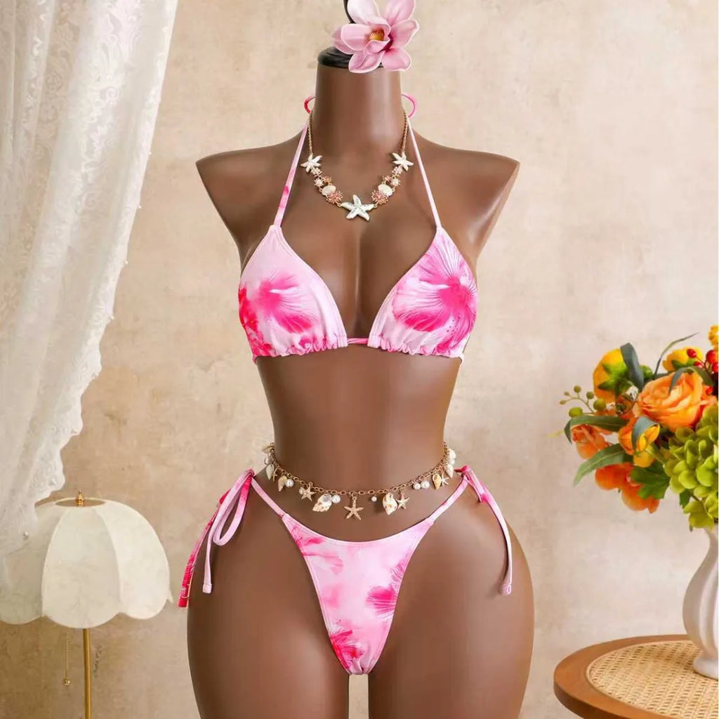 Gorgeous Pink Flower 3 Piece Bikini Set