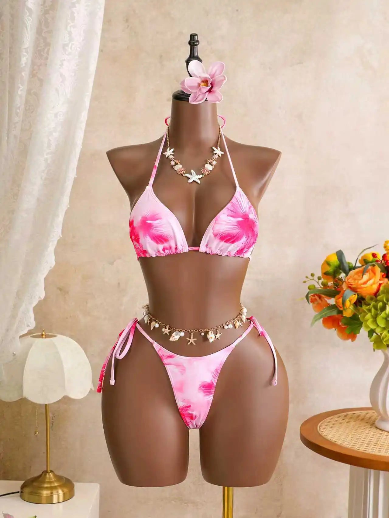 Gorgeous Pink Flower 3 Piece Bikini Set