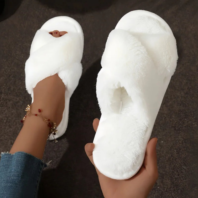Cute Cross Strap Fur Slippers