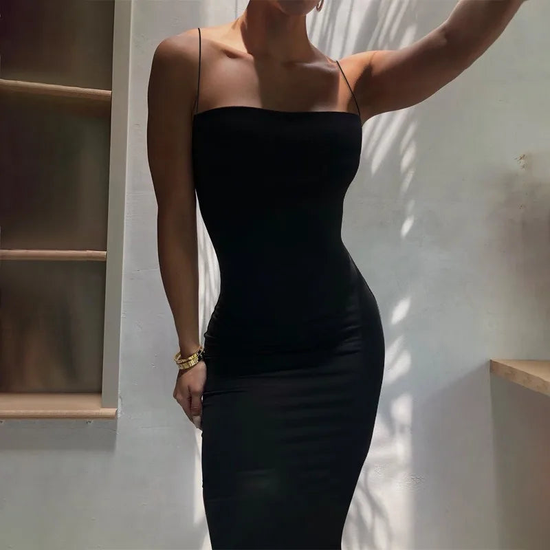 Long Solid Strap Dress Sexy