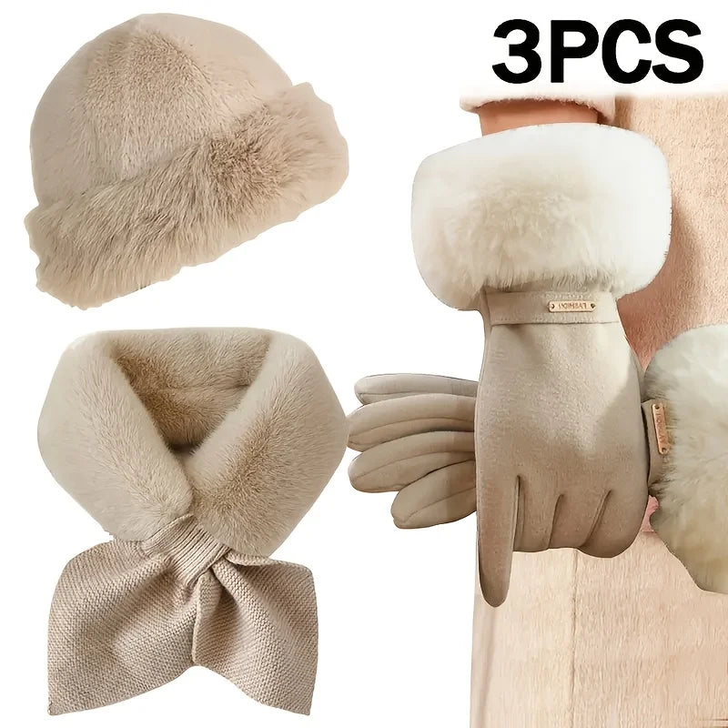 3-piece Women's Winter Warm Gloves, Scarf, and Hat,