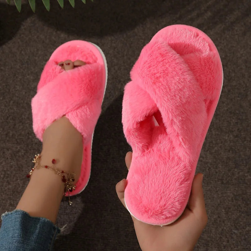 Cute Cross Strap Fur Slippers