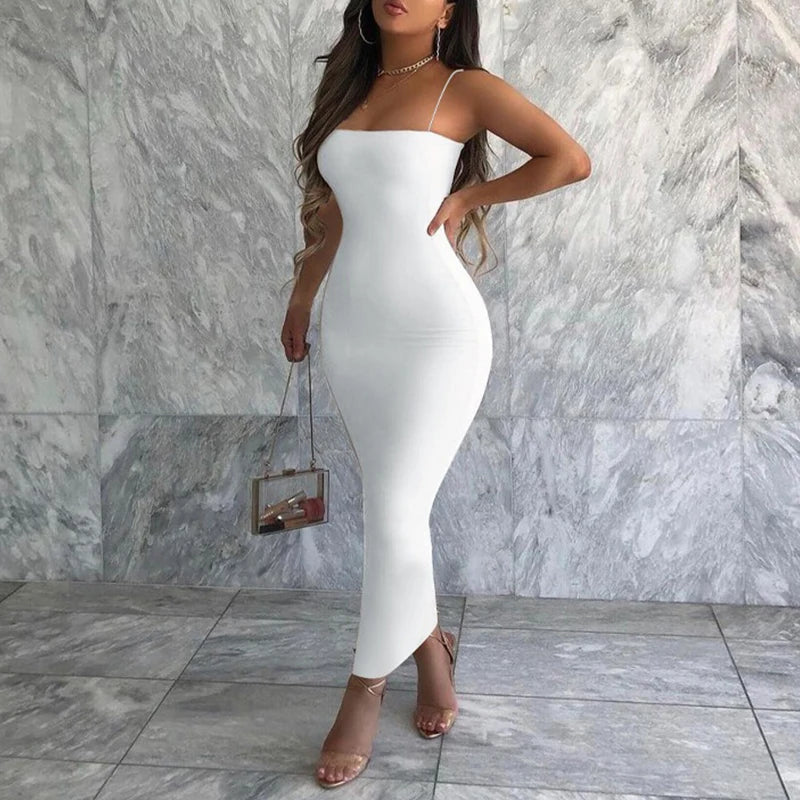 Long Solid Strap Dress Sexy