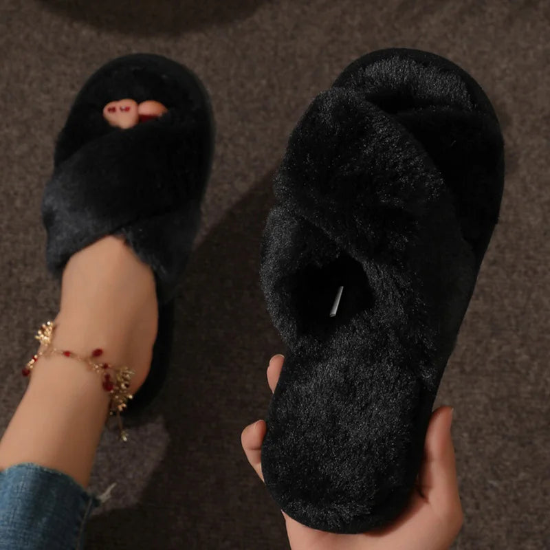 Cute Cross Strap Fur Slippers
