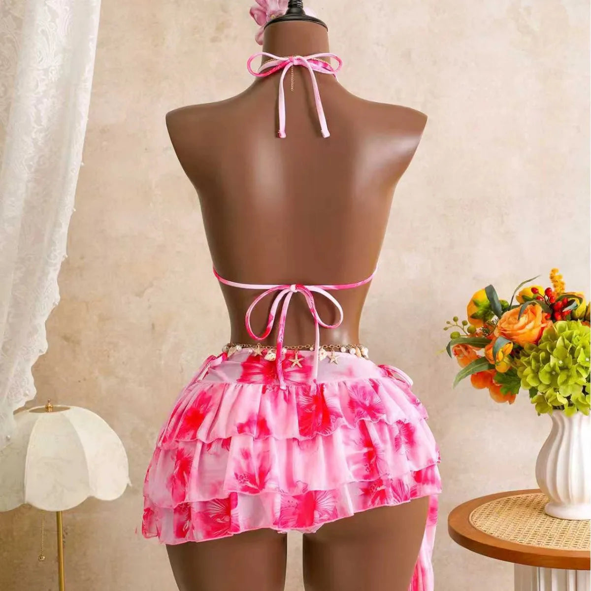 Gorgeous Pink Flower 3 Piece Bikini Set