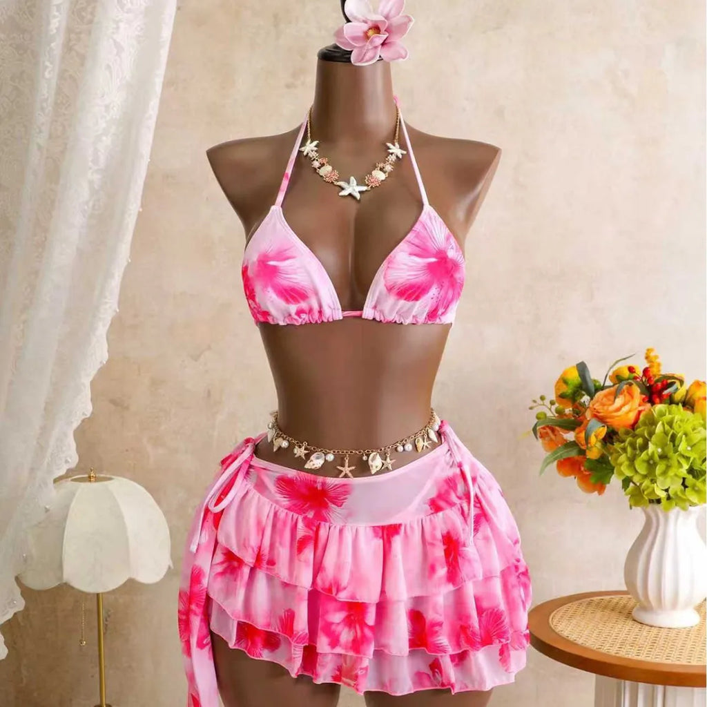Gorgeous Pink Flower 3 Piece Bikini Set